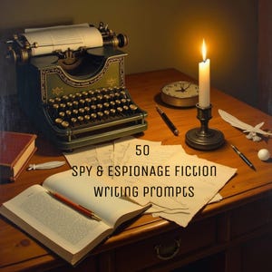 Może przedstawiać: Zabytkowa zielona maszyna do pisania stoi na drewnianym biurku, obok zapalonej świecy i papierów. Otwarta książka i tekst "50 Spy & Espionage Fiction Writing Prompts" są również widoczne. Klasyczny, staromodny motyw.
