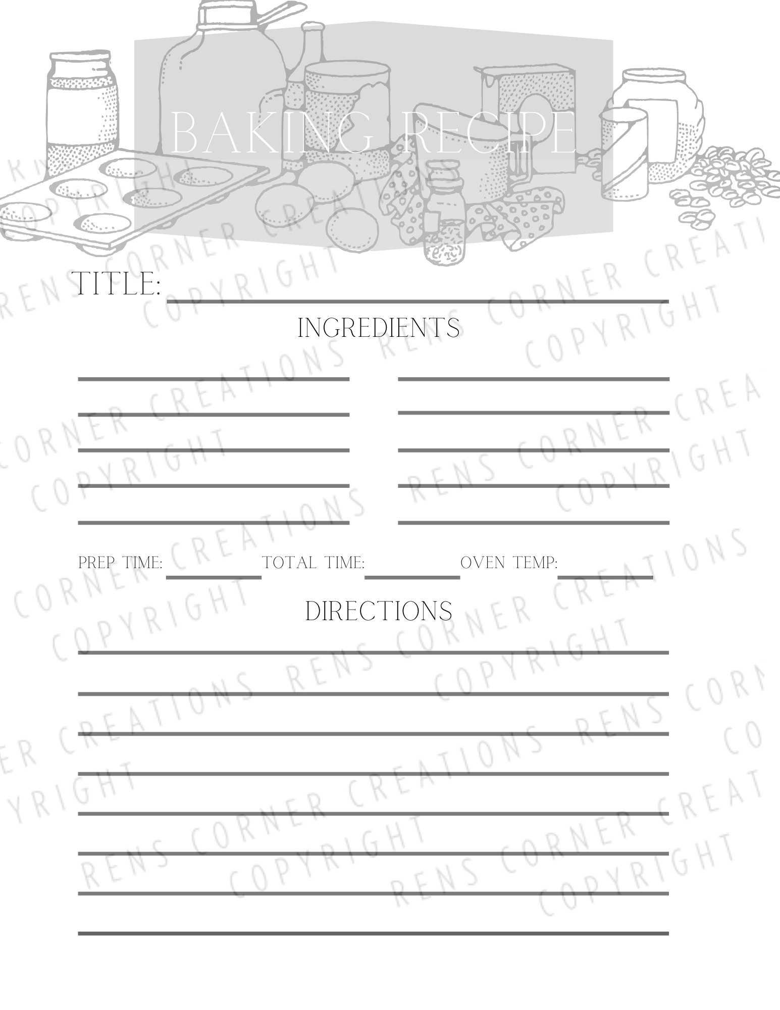 Printable Recipe Templates, Blank Digital Download Recipe Template