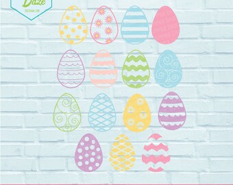 May include: A collection of colorful Easter egg designs in various patterns, including polka dots, stripes, and floral motifs. The image includes the text "SVG | DXF | EPS | PNG DIGITAL FILES" and the logo for Summer Daze Design Co.