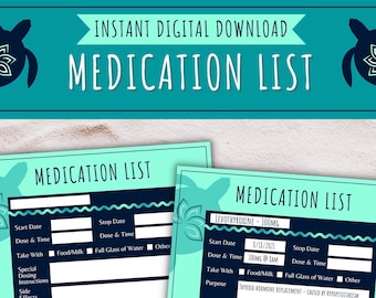 Printable Medication List | Digital Medication List | Chronic Illness | Invisible Illness | Self Care | Med List