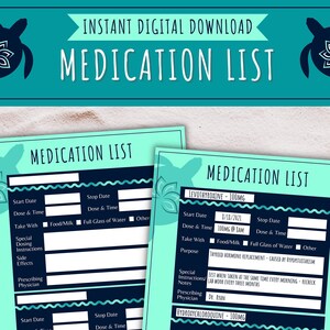 Printable Medication List | Digital Medication List | Chronic Illness | Invisible Illness | Self Care | Med List
