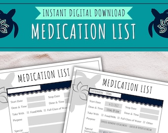 Printable Medication List | Fillable Medication List | Medication Tracker | Medication Log | Instant Download | Ink Saver | Black and White