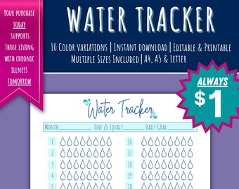 Water Tracker, Fillable and Printable, Habit Tracker Printable, Daily Self Care, Daily Habit Tracker, Self Care Challenge