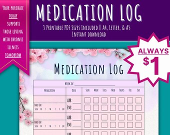 Printable Medication Tracker | Chronic Illness | Invisible Illness | Weekly Habit Tracker | Self Care Tracker | Medication Log