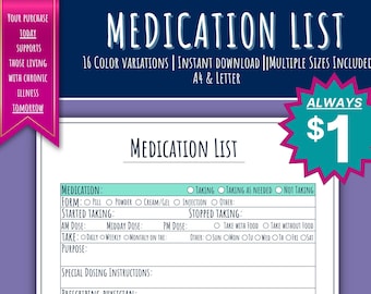 Printable Medication List | Digital Medication List | Chronic Illness | Invisible Illness | Self Care | Med List