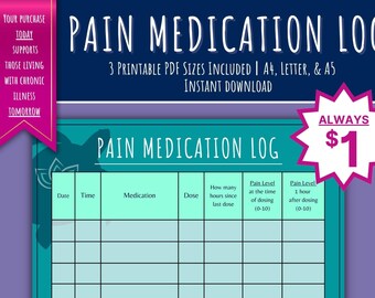 Pain Medication Tracker Printable | Chronic Pain | Chronic Illness | Self Care Tracker | Medication Tracker | Pain Tracker