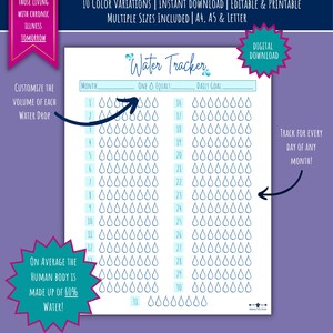 Water Tracker, Fillable and Printable, Habit Tracker Printable, Daily ...