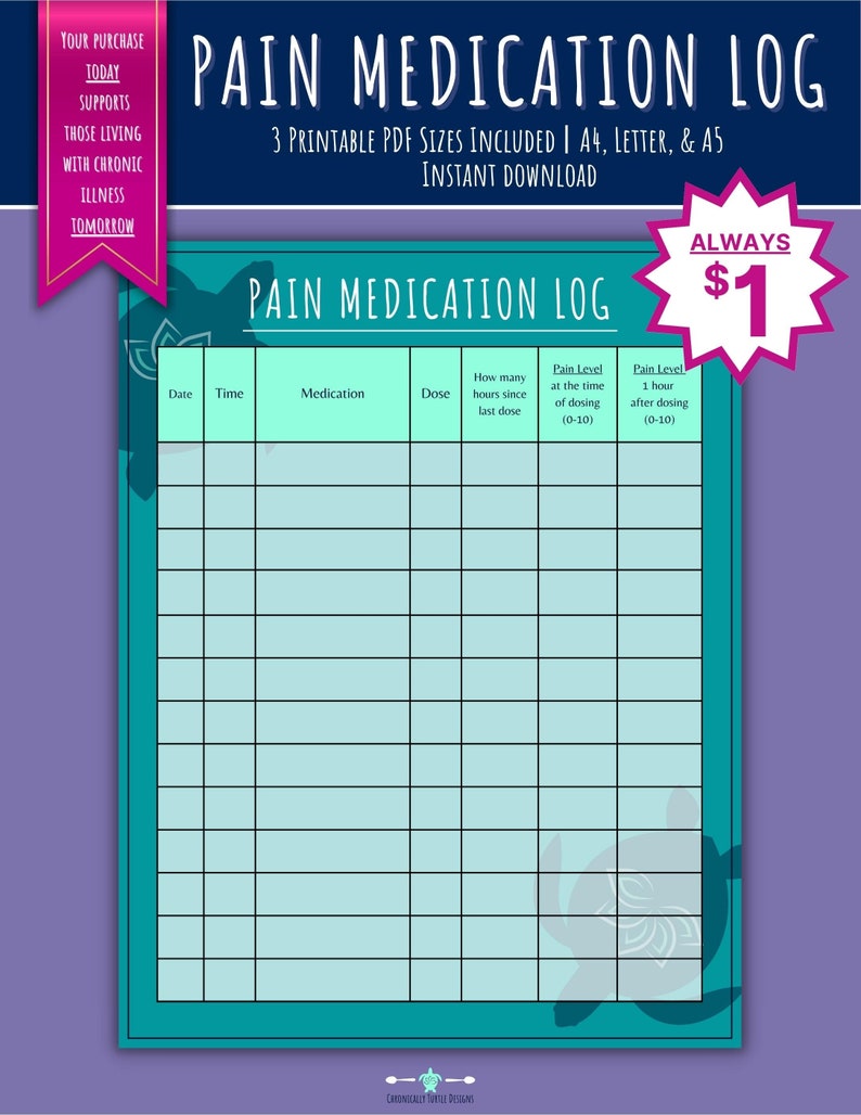 Pain Medication Tracker Printable Chronic Pain Chronic Illness Self Care Tracker Medication