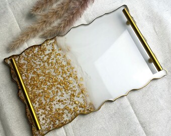 RESIN Tray, SERVING Tray, Tray With HANDLES, White And Gold Elegant Rough Edge Modern Rectangular Glass & Plastic Tray| Kitchen Accessories