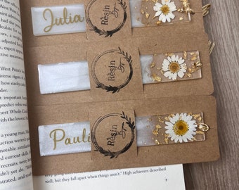Marque-page PESONALIZED en résine, marque-page FLEUR, jolie fleur séchée transparente et flocons d'or en résine époxy | Cadeau mignon pour lecteur de livres