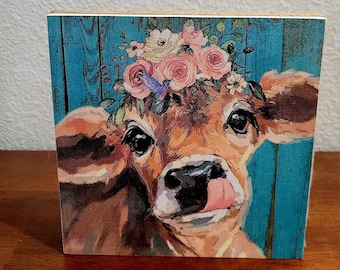 Farmhouse Cow with Flowers Wood Rustic Country Art Sign, Shelf Sitter, Tier Tray Decor, Cow Lovers Handmade Gift