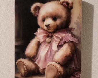 Vintage Teddy Bear Wood Canvas Decor, Baby Girl Nursery Wall Art, Gift