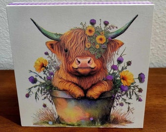 Highland Cow Flower Barrel Wood Canvas Art, Farmhouse Decor, Gift