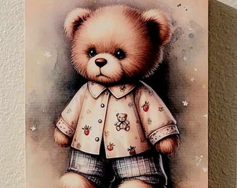Teddy Bear Wood Canvas Wall Decor, Baby Boy Nursery Art, Vintage Bear Room Accent