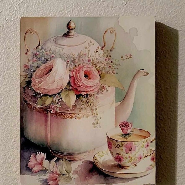 Vintage Shabby Chic Tea Pot and Teacup Wood Wall Sign Home Decor, Watercolor Art Handmade Gift