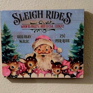 Vintage Santa Sleigh Rides Wood Canvas: Retro Christmas Wall Art
