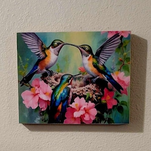 Hummingbirds with Nest Wood Canvas Art, Bird Lover Gift