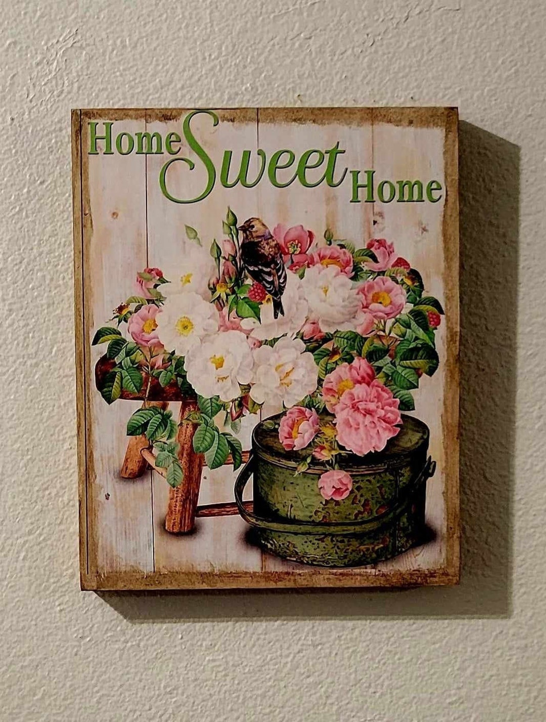 Vintage Home Sweet Home With Bird Flowers Antique Chair and Hat Box