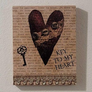 Primitive Key to My Heart Wood Canvas Wall Art Sign Love Valentines Day Home Decor, Anniversary Handmade Gift