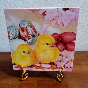 Baby Chicks with Easter Eggs and Flowers Wood Art Canvas Shelf Sitter, Tier Tray, Wall Art, Spring Home Decor, Handmade Gift
