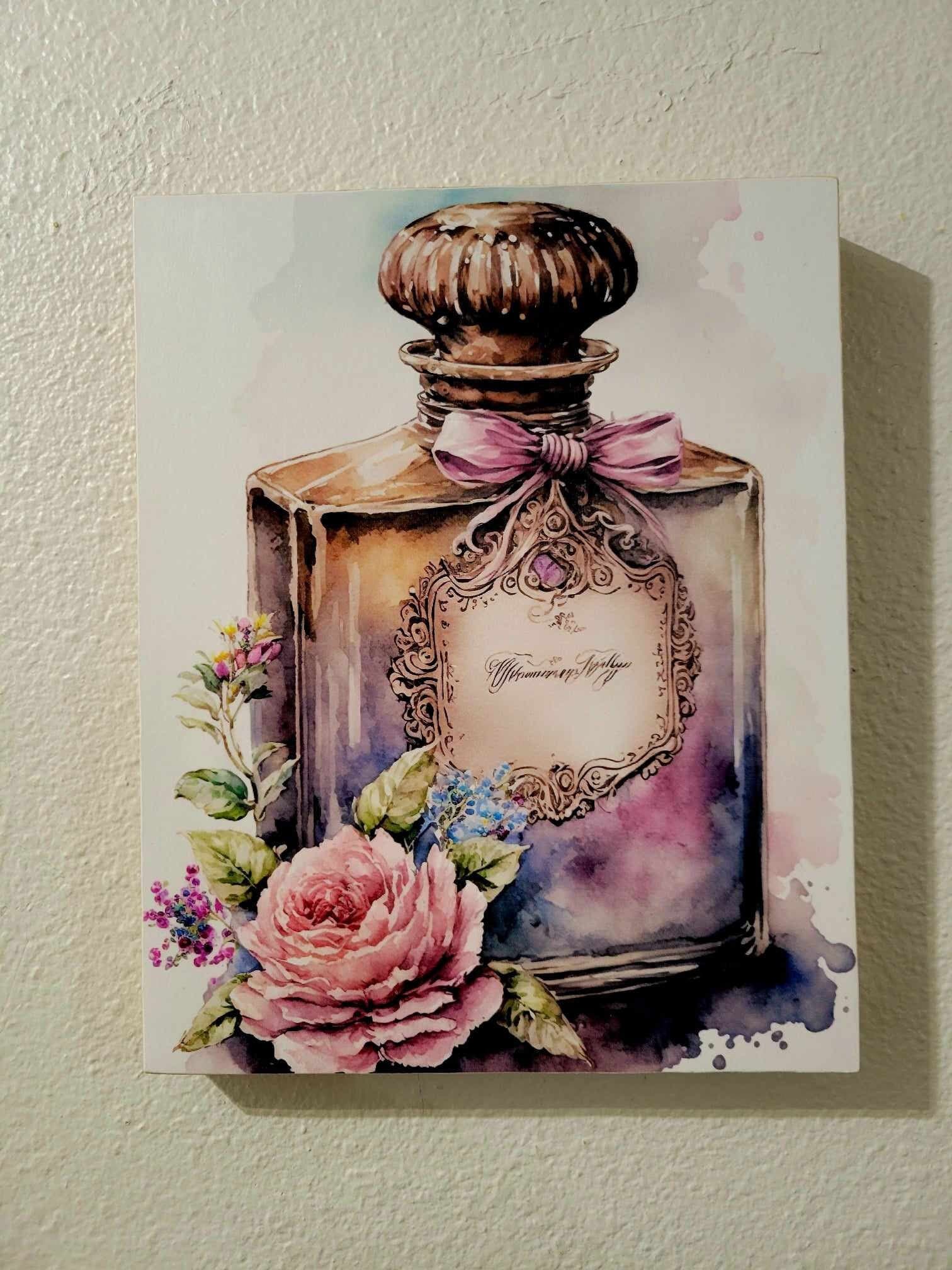 Vintage Perfume Bottle Floral Wood Canvas Art, Shabby Chic Decor