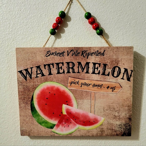 Sweet Vine Watermelon Wood Canvas Sign with Beaded Hanger, Rustic Farmhouse Summer Kitchen Decor
