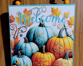 Fall Pumpkins Welcome Wood Sign Wall Hanger, Thanksgiving Home Decor, Handmade Gift