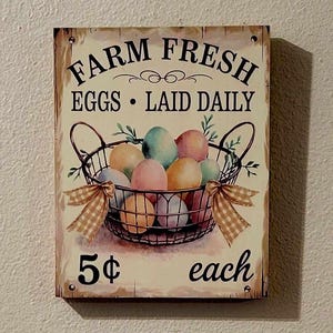 Farm Fresh Eggs in Basket Wood Canvas Sign, Rustic Farmhouse Style Wall Art Home Decor, Handmade Gift