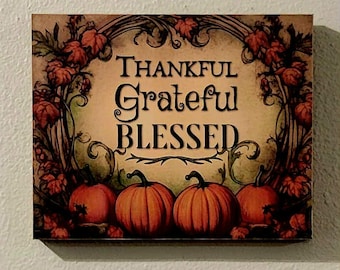 Grateful Fall Pumpkin Wood Canvas Sign, Farmhouse Thanksgiving Decor Rustic Autumn Wall Art, Gift