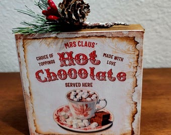 Vintage Hot Chocolate Wood Block Tier Tray,  Shelf Sitter Winter Decor