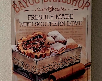 Vintage Bakery Wood Canvas, Rustic New Orleans Style Home Decor, Southern Cafe Wall Sign