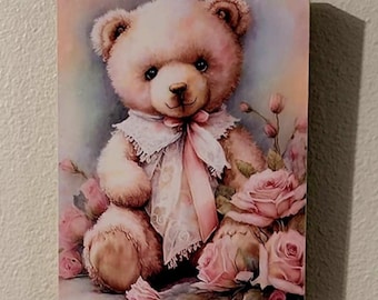 Shabby Chic Teddy Bear Wood Canvas Art, Nursery Decor, Child's Room Wall Art