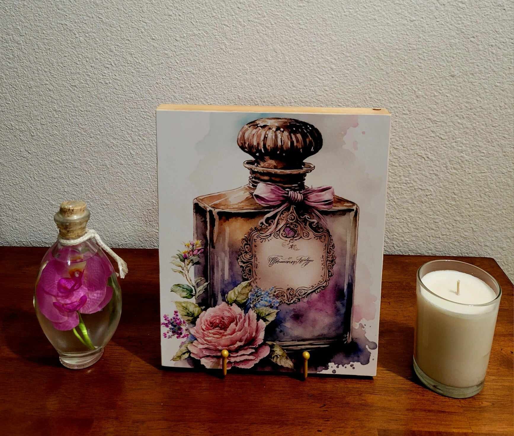 Vintage Perfume Bottle Floral Wood Canvas Art, Shabby Chic Decor