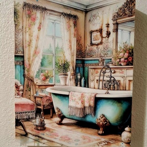Vintage Clawfoot Bathtub Wall Art on Wood Canvas – Shabby Chic Bathroom Home Decor