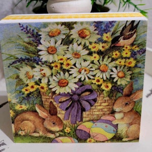 Easter Bunnies and Eggs Spring Wood Art Block Sign, Tier Tray, Shelf Sitter Home Decor, Mini Art, Bunny Lovers Handmade Gift
