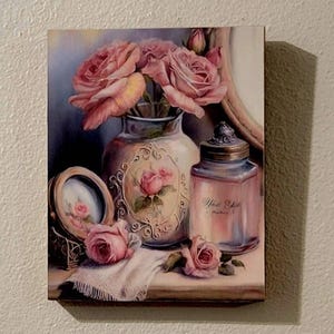 Shabby Chic Pink Roses Wood Canvas Art: Vintage French Decor, Gift