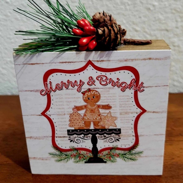 Merry and Bright Gingerbread Girl Christmas Wood Block Sign, Tier tray Decor, Shelf Sitter, Miniature Art, Holiday Handmade Gift