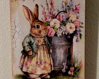 Vintage Bunny Rabbit w Wood Canvas Art Sign, Easter Wall Decor, Bunny Lover Gift