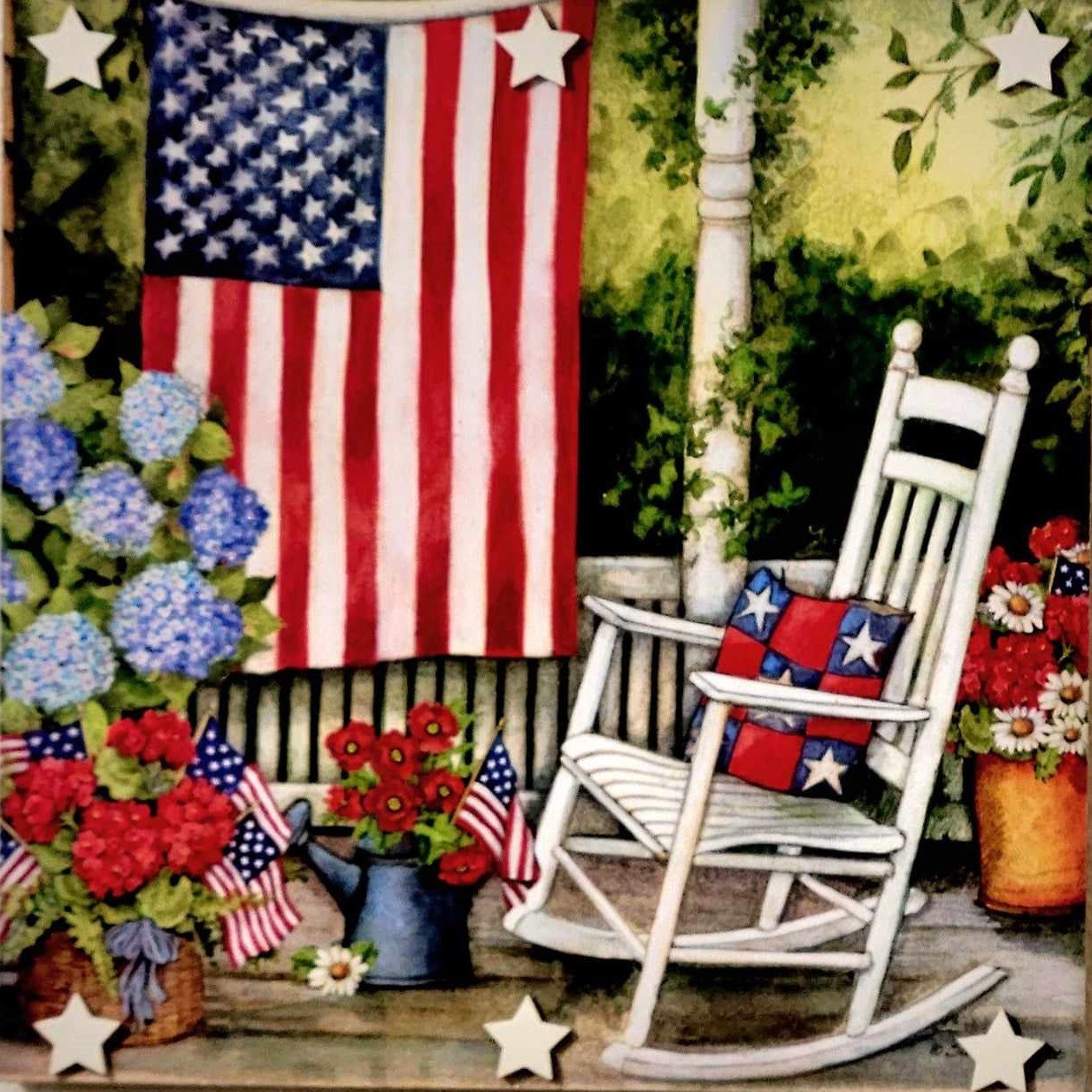 Americana Front Porch With Rocking Chair and American Flag Wood Canvas ...