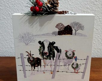 Christmas Barn and Animals in Winter Wood Canvas Holiday Decor,  Gift