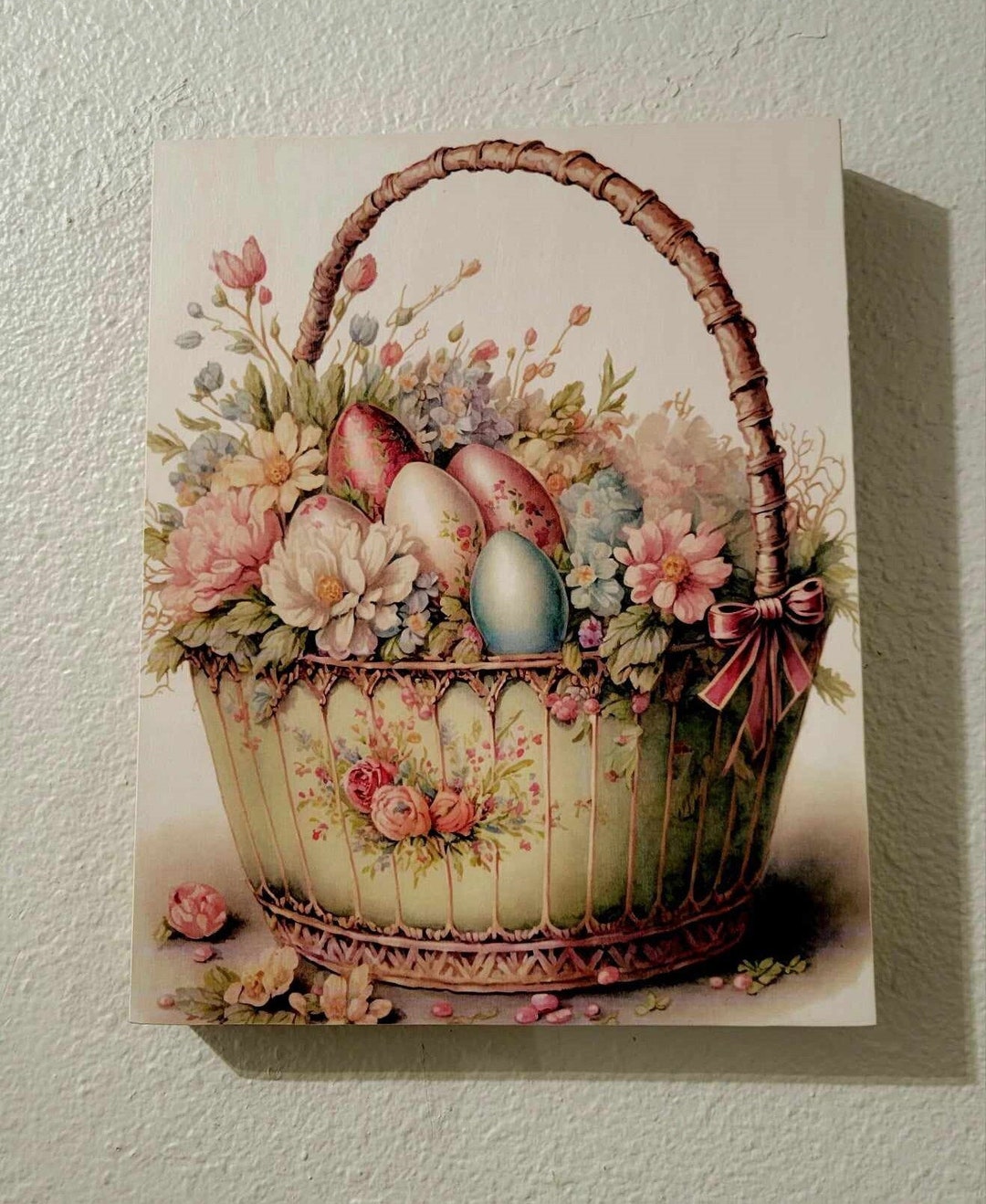 Vintage Easter Egg Basket Wood Canvas Wall Art, Instant Nostalgia for