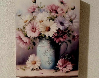 Vintage Daisy Floral Wall Art on Wood Canvas – Cottage Core, Shabby Chic Home Decor