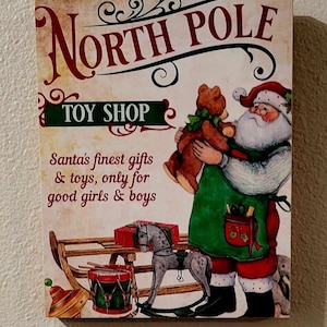 Santa&#39;s North Pole Toy Shop Wood Canvas Sign, Christmas Art Home Decor, Gift