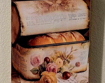 Vintage Bread Box Wall Art on Wood Canvas – Cottagecore Kitchen Decor, Rustic Baking Sign