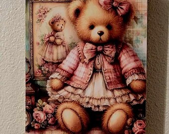 Vintage Teddy Bear Wood Canvas Decor, Baby Girl Nursery Wall Art, Shabby Chic Accent