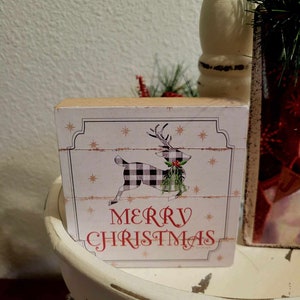 Buffalo Check Reindeer Wood Block,  Merry Christmas TierTray, Shelf Sitter Decor