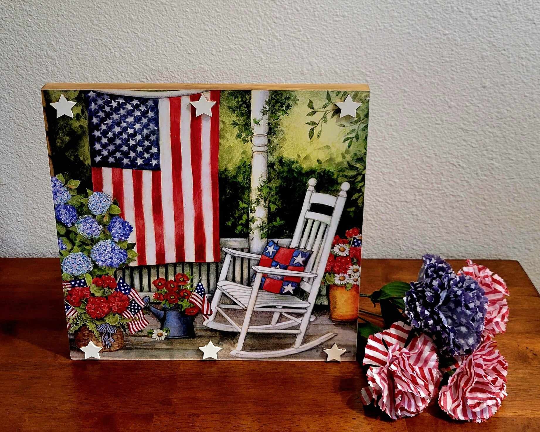 Americana Front Porch With Rocking Chair and American Flag Wood Canvas ...