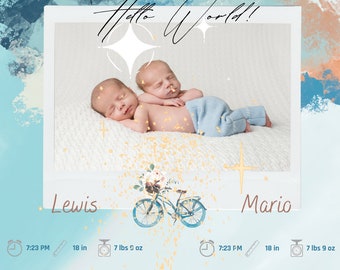 Annuncio video di nascita di un gemello digitale, cartello di annuncio animato della bicicletta di nascita, testo video, annuncio personalizzabile, gemelli