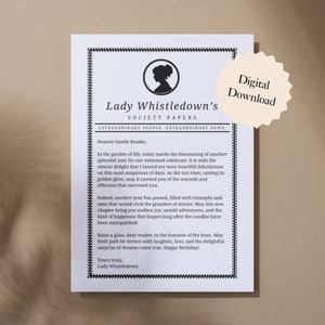 carte d'anniversaire de Madame Whistledown | Carte d'anniversaire imprimable Bridgerton, Society Papers, carte d'anniversaire numérique, téléchargement immédiat