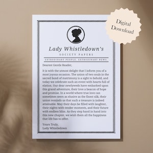 Lady Whistledown Hochzeitskarte | Druckbare Bridgerton Ehe Karte, Gesellschaft Papiere, digitale Braut Party Karte, Instant Download Verlobung